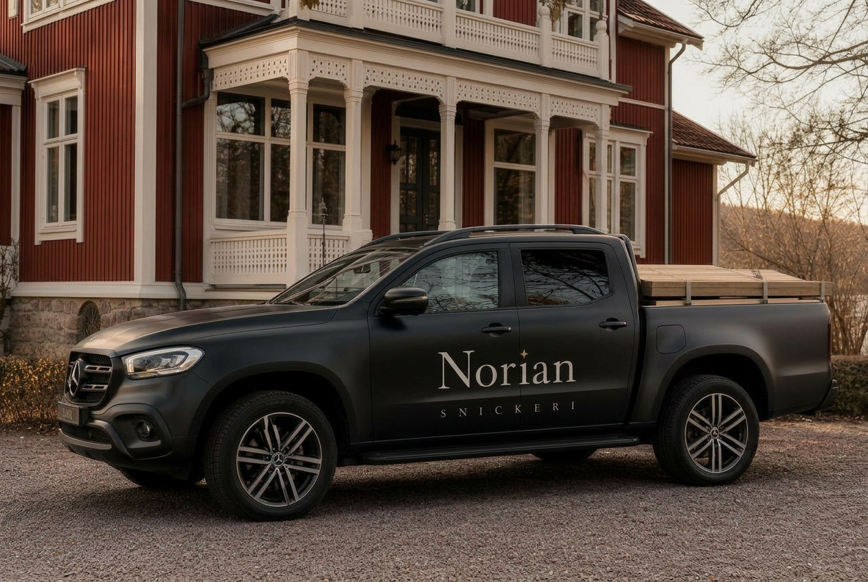 Norian Snickeris arbetsbil framför sekelskiftesvilla
